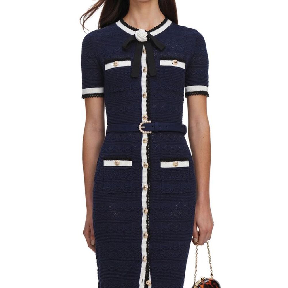 Self-Portrait Women Navy Blue Perforated Knit Midi Dress - Picture 5 of 5